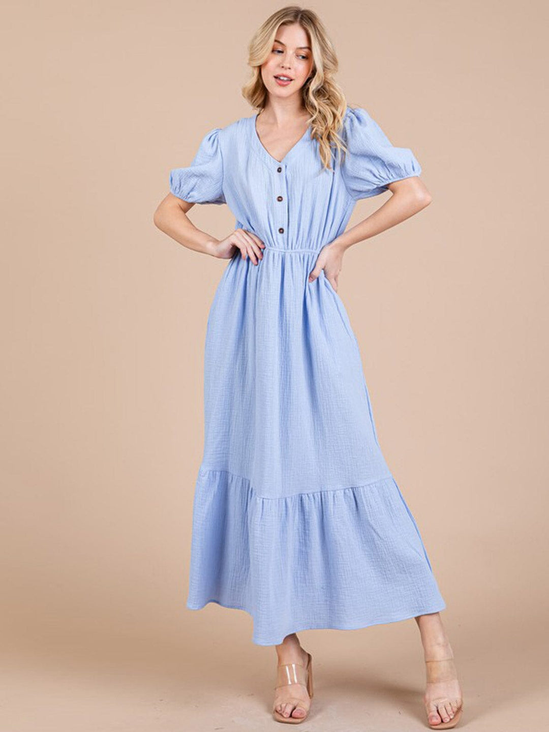 WOMEN'S SHORT SLEEVE ELASTIC WAIST V-NECK FRONT POCKETS MAXI DRESS