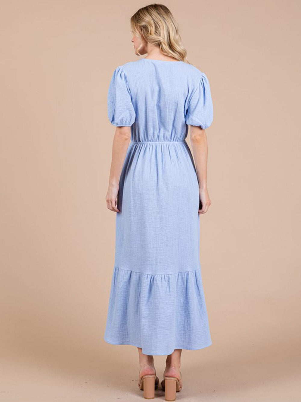 WOMEN'S SHORT SLEEVE ELASTIC WAIST V-NECK FRONT POCKETS MAXI DRESS