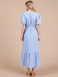 WOMEN'S SHORT SLEEVE ELASTIC WAIST V-NECK FRONT POCKETS MAXI DRESS
