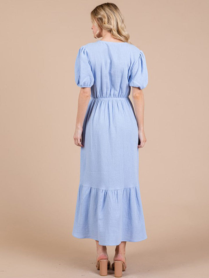 WOMEN'S SHORT SLEEVE ELASTIC WAIST V-NECK FRONT POCKETS MAXI DRESS