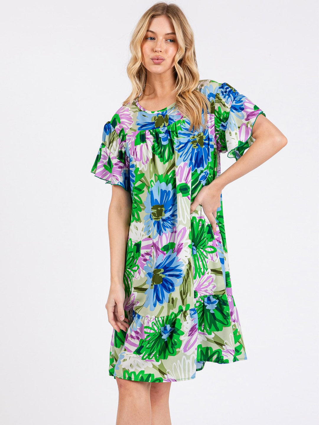 WOMEN'S SHORT RUFFLE SLEEVE TUNIC FLORAL MINI DRESS