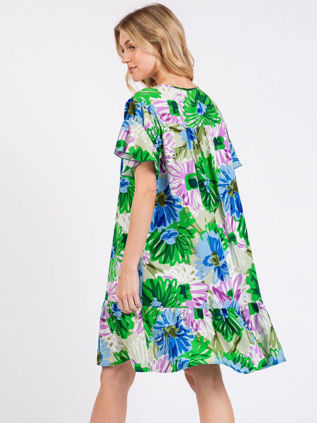 WOMEN'S SHORT RUFFLE SLEEVE TUNIC FLORAL MINI DRESS