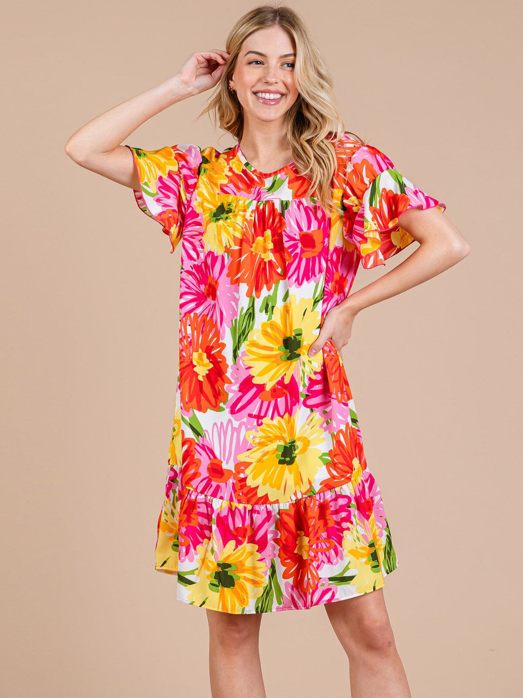 WOMEN'S SHORT RUFFLE SLEEVE TUNIC FLORAL MINI DRESS