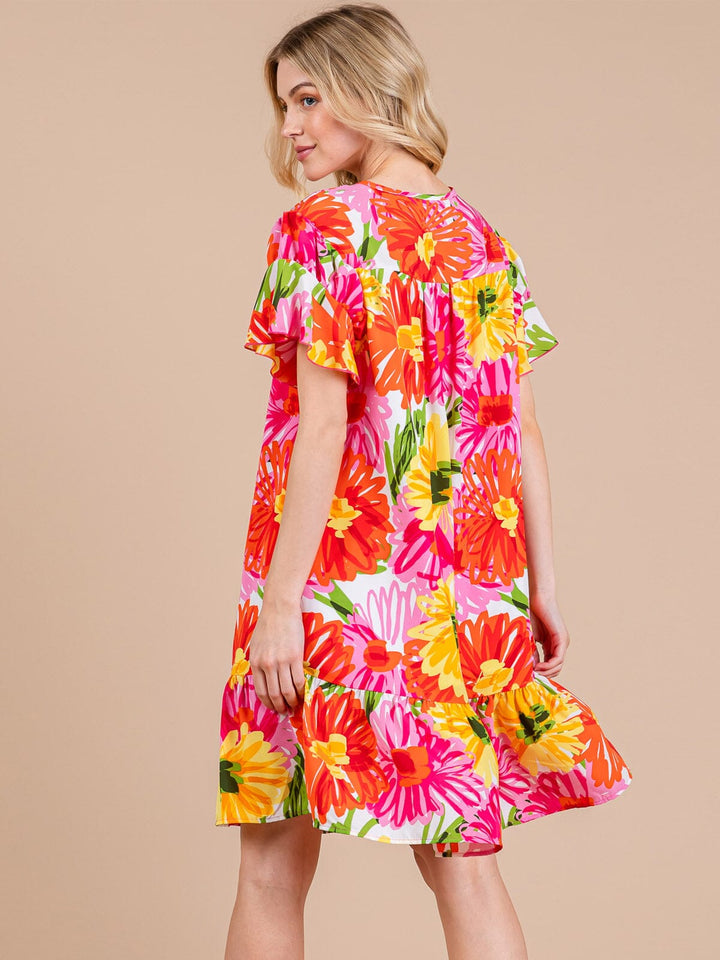 WOMEN'S SHORT RUFFLE SLEEVE TUNIC FLORAL MINI DRESS