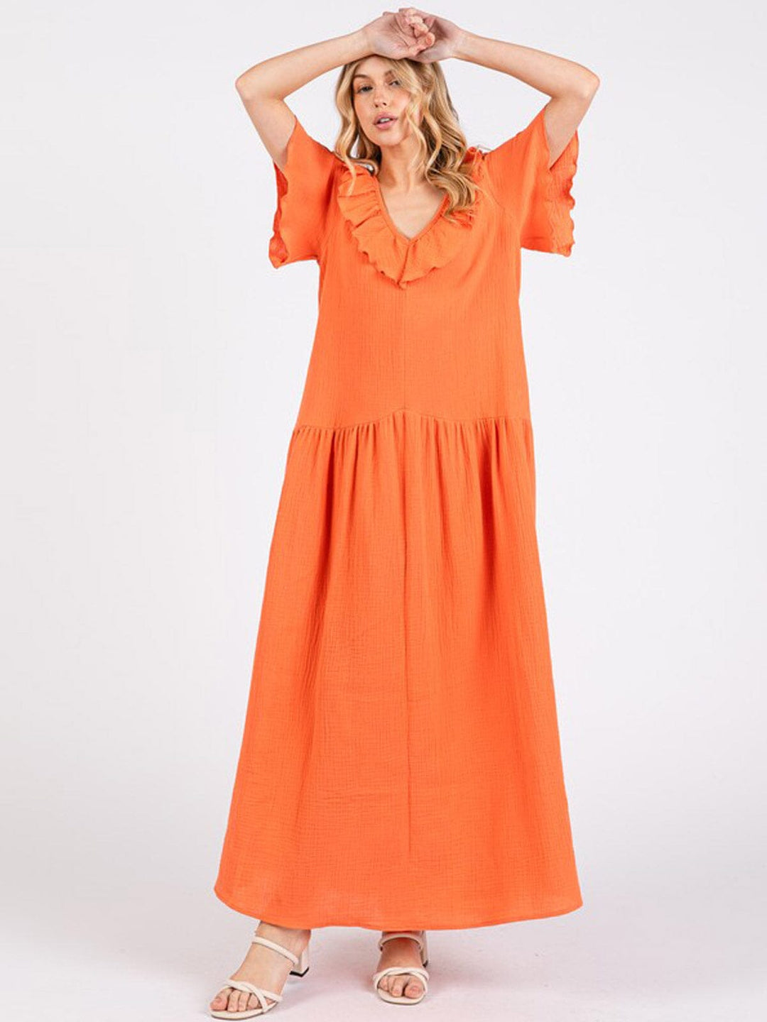 WOMEN'S SHORT SLEEVE RUFFLE V-NECK FRONT POCKETS LOOSE FIT MAXI DRESS