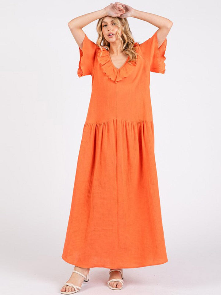 WOMEN'S SHORT SLEEVE RUFFLE V-NECK FRONT POCKETS LOOSE FIT MAXI DRESS