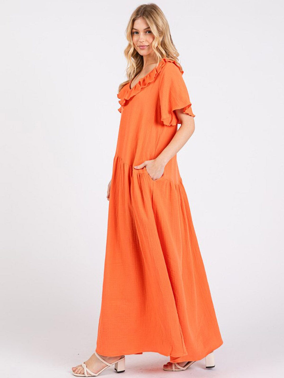 WOMEN'S SHORT SLEEVE RUFFLE V-NECK FRONT POCKETS LOOSE FIT MAXI DRESS