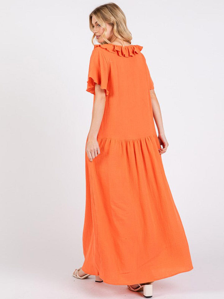 WOMEN'S SHORT SLEEVE RUFFLE V-NECK FRONT POCKETS LOOSE FIT MAXI DRESS