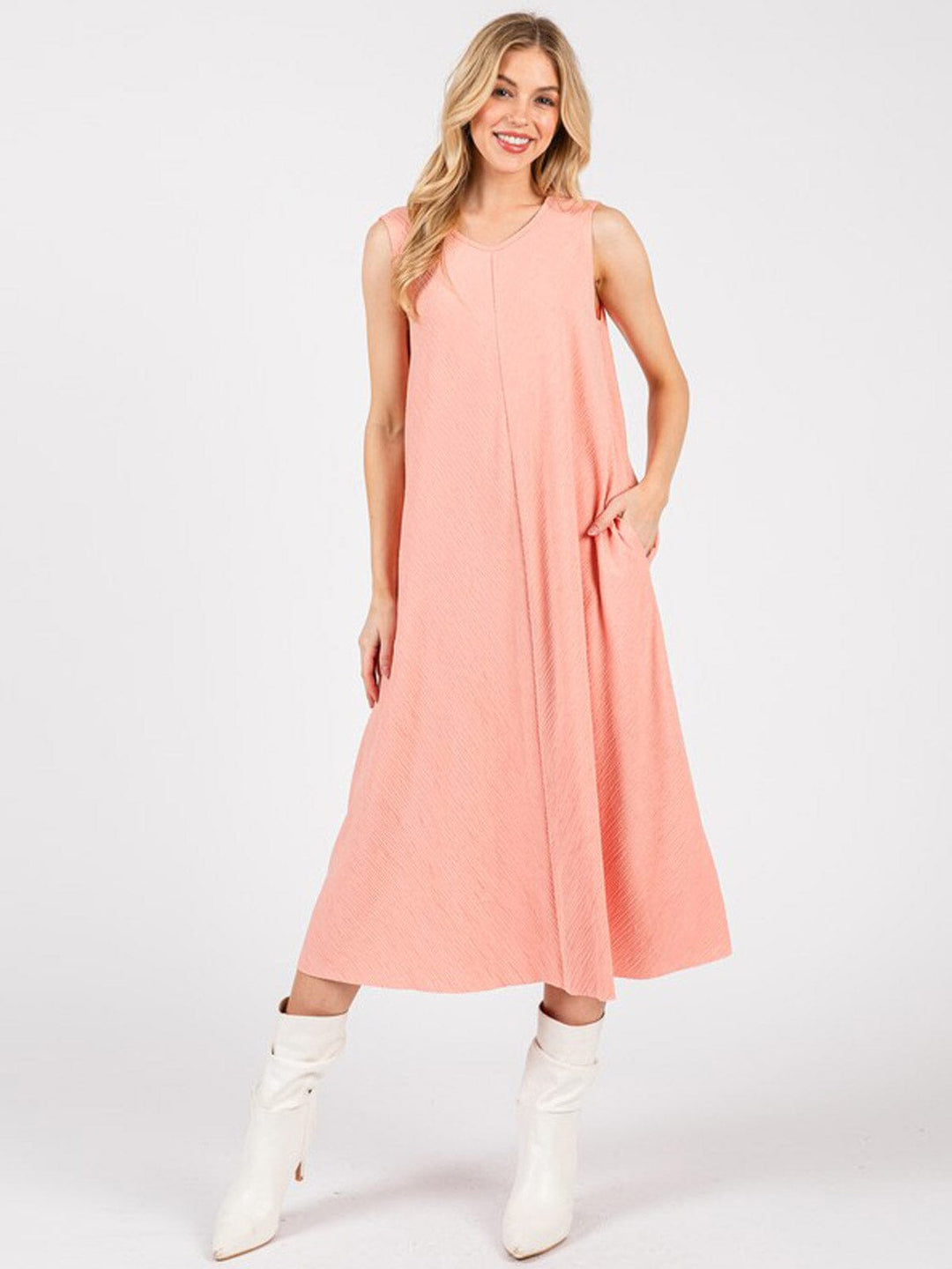 WOMEN'S SLEEVELESS FRONT POCKETS DETAILED LOOSE FIT MIDI DRESS