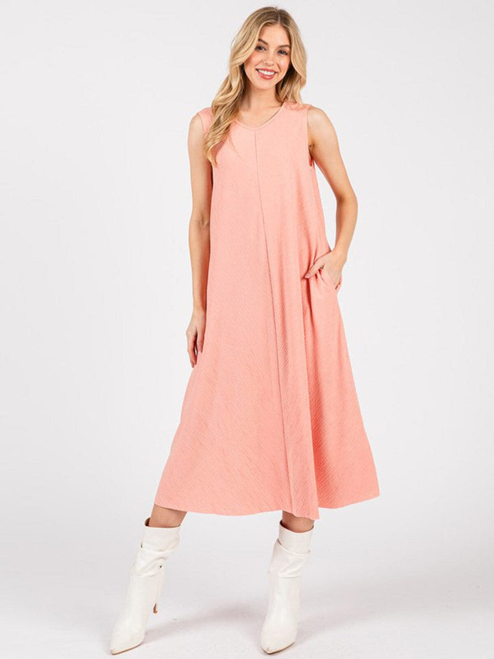 WOMEN'S SLEEVELESS FRONT POCKETS DETAILED LOOSE FIT MIDI DRESS