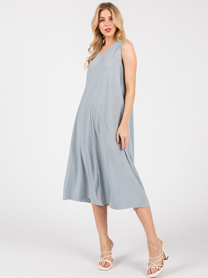 WOMEN'S SLEEVELESS FRONT POCKETS DETAILED LOOSE FIT MIDI DRESS