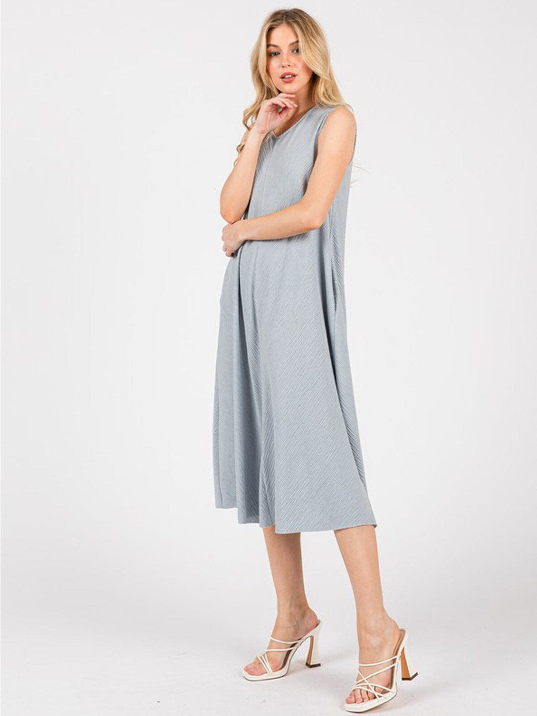 WOMEN'S SLEEVELESS FRONT POCKETS DETAILED LOOSE FIT MIDI DRESS