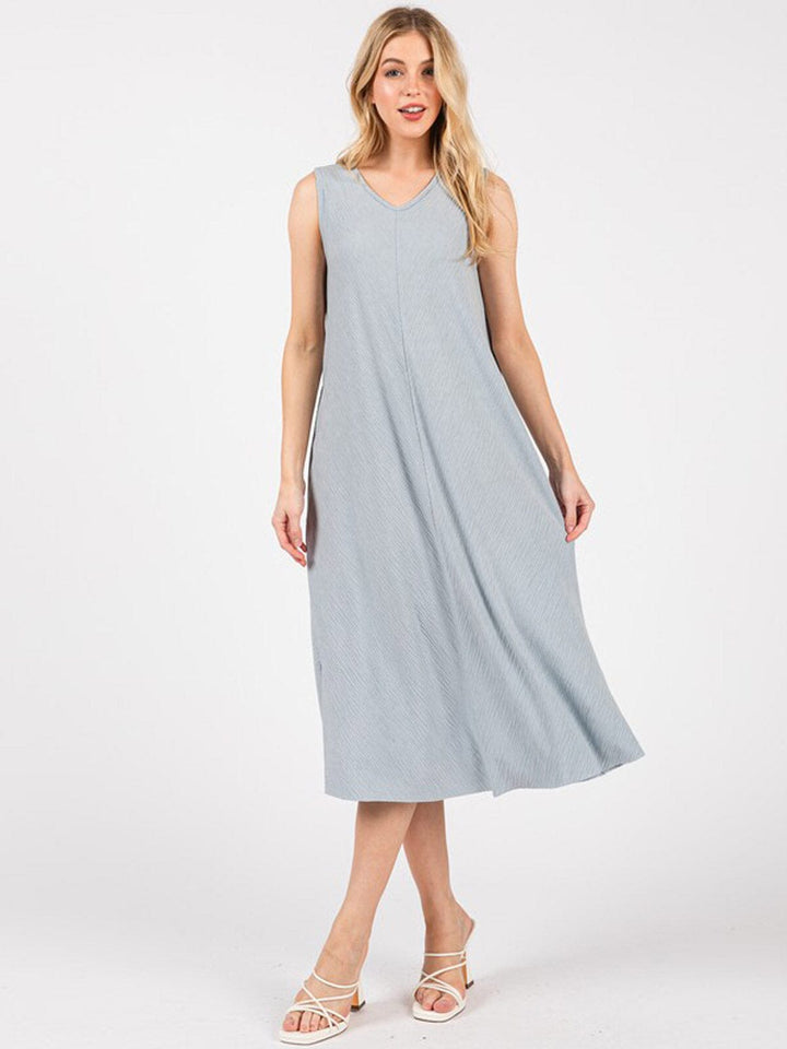 WOMEN'S SLEEVELESS FRONT POCKETS DETAILED LOOSE FIT MIDI DRESS