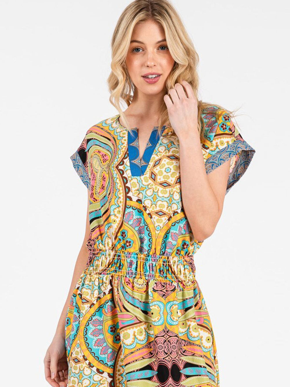 WOMEN'S SHORT SLEEVE V-NECK ELASTIC WAIST POCKETS MULTI PRINT MIDI DRESS