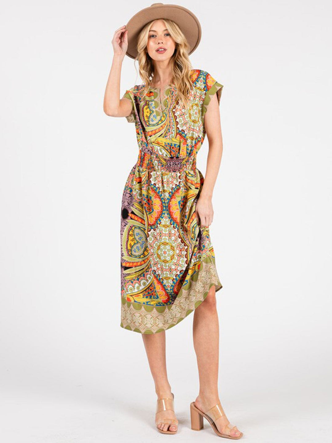 WOMEN'S SHORT SLEEVE V-NECK ELASTIC WAIST POCKETS MULTI PRINT MIDI DRESS