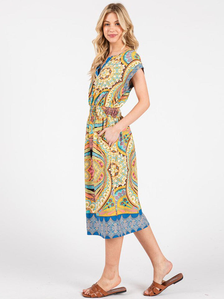 WOMEN'S SHORT SLEEVE V-NECK ELASTIC WAIST POCKETS MULTI PRINT MIDI DRESS