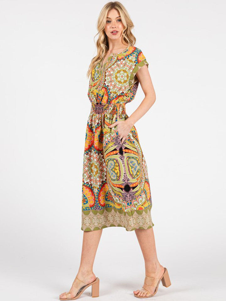WOMEN'S SHORT SLEEVE V-NECK ELASTIC WAIST POCKETS MULTI PRINT MIDI DRESS