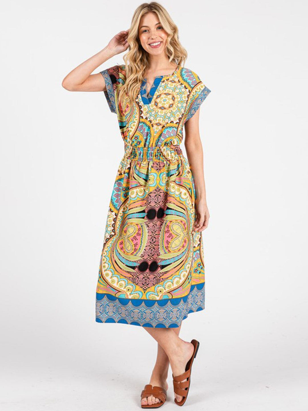 WOMEN'S SHORT SLEEVE V-NECK ELASTIC WAIST POCKETS MULTI PRINT MIDI DRESS
