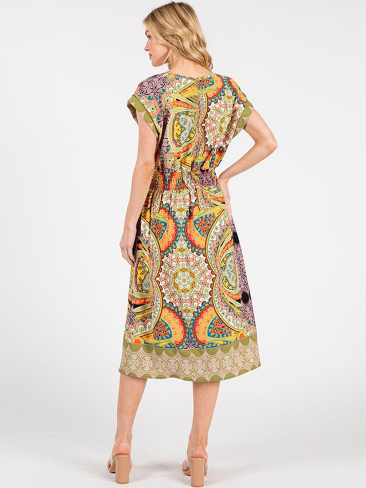 WOMEN'S SHORT SLEEVE V-NECK ELASTIC WAIST POCKETS MULTI PRINT MIDI DRESS