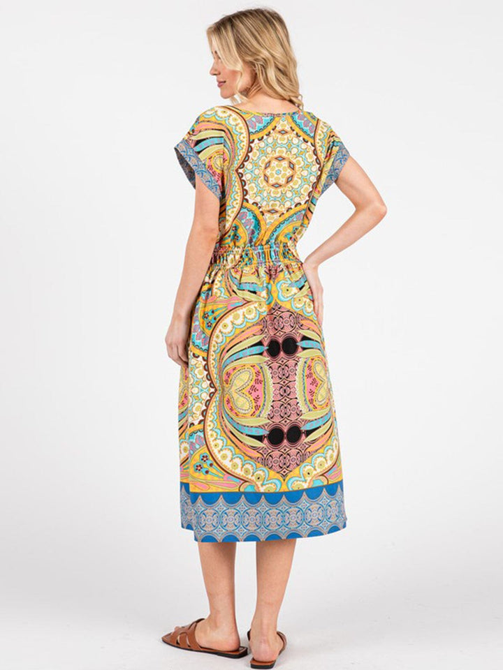 WOMEN'S SHORT SLEEVE V-NECK ELASTIC WAIST POCKETS MULTI PRINT MIDI DRESS