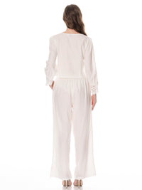 ********WOMEN'S LONG SLEEVE BUTTON UP BLOUSE & ELASTIC WAIST WIDE LEG PANTS CROCHET DETAILED 2PC. SET