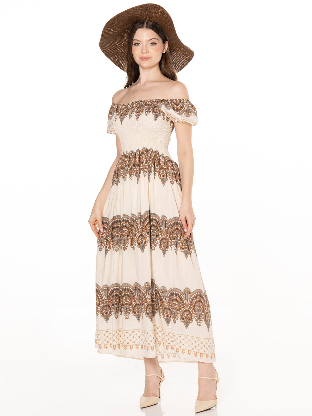 WOMEN'S SHORT SLEEVE SMOCK MULTI PRINT MAXI DRESS