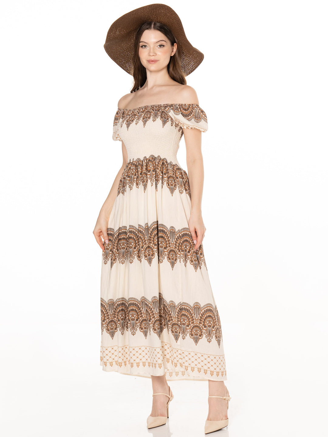 WOMEN'S SHORT SLEEVE SMOCK MULTI PRINT MAXI DRESS