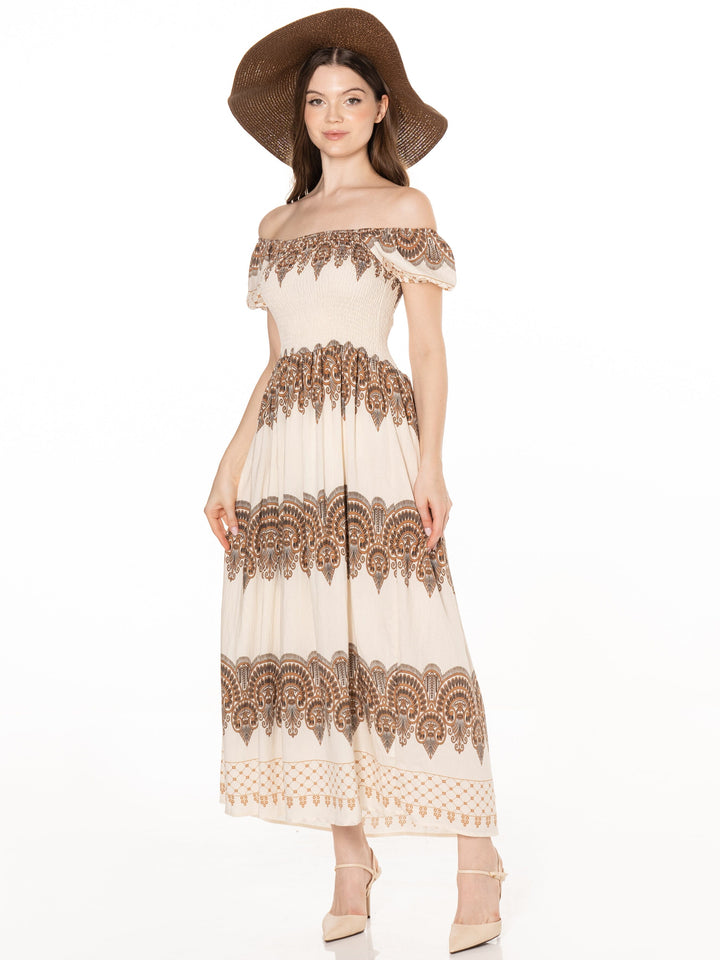 WOMEN'S SHORT SLEEVE SMOCK MULTI PRINT MAXI DRESS