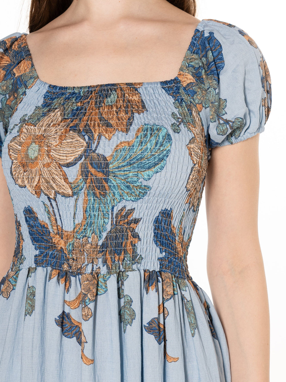WOMEN'S SHORT SLEEVE SMOCK FLORAL PRINT MAXI DRESS
