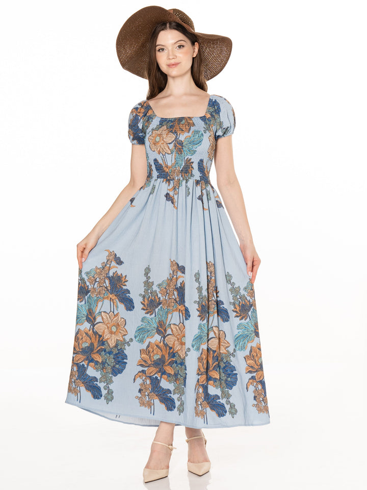 WOMEN'S SHORT SLEEVE SMOCK FLORAL PRINT MAXI DRESS