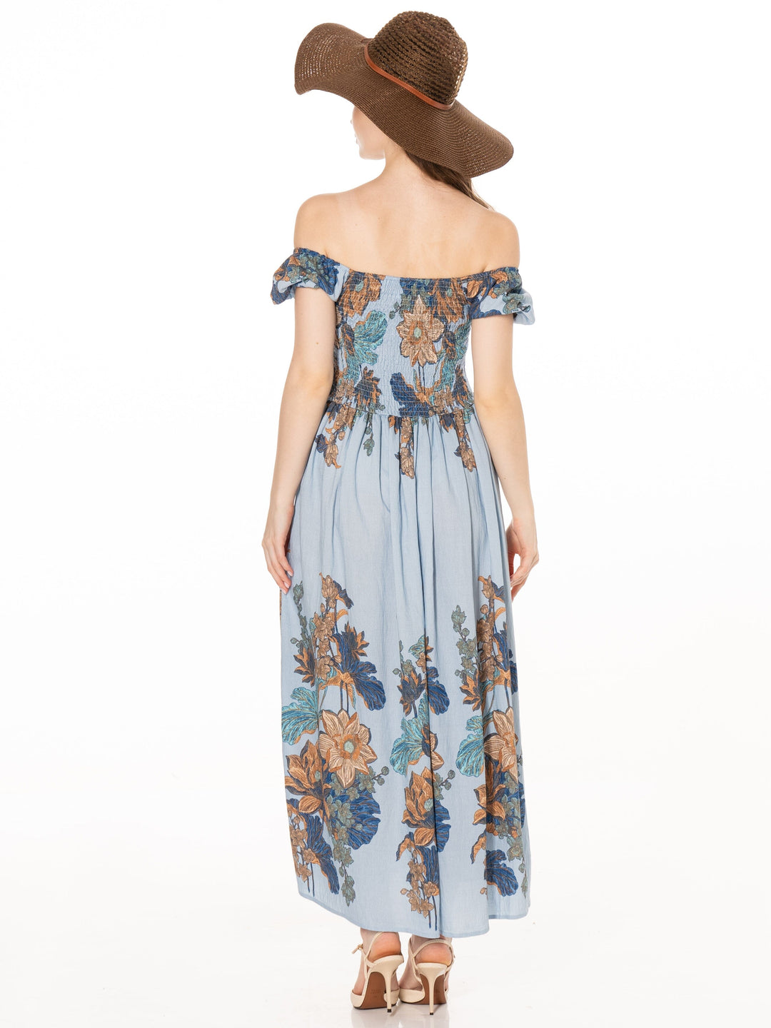 WOMEN'S SHORT SLEEVE SMOCK FLORAL PRINT MAXI DRESS