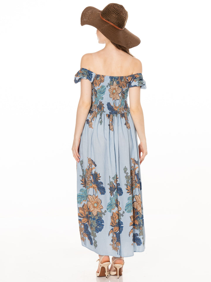 WOMEN'S SHORT SLEEVE SMOCK FLORAL PRINT MAXI DRESS