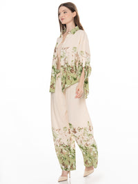 WOMEN'S 3/4 SLEEVE BUTTON UP BLOUSE & ELASTIC WAIST WIDE LEG PANTS FLORAL 2PC. SET