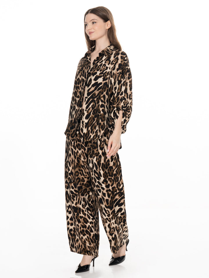WOMEN'S 3/4 SLEEVE BUTTON UP BLOUSE & ELASTIC WAIST WIDE LEG PANTS ANIMAL PRINT 2PC. SET