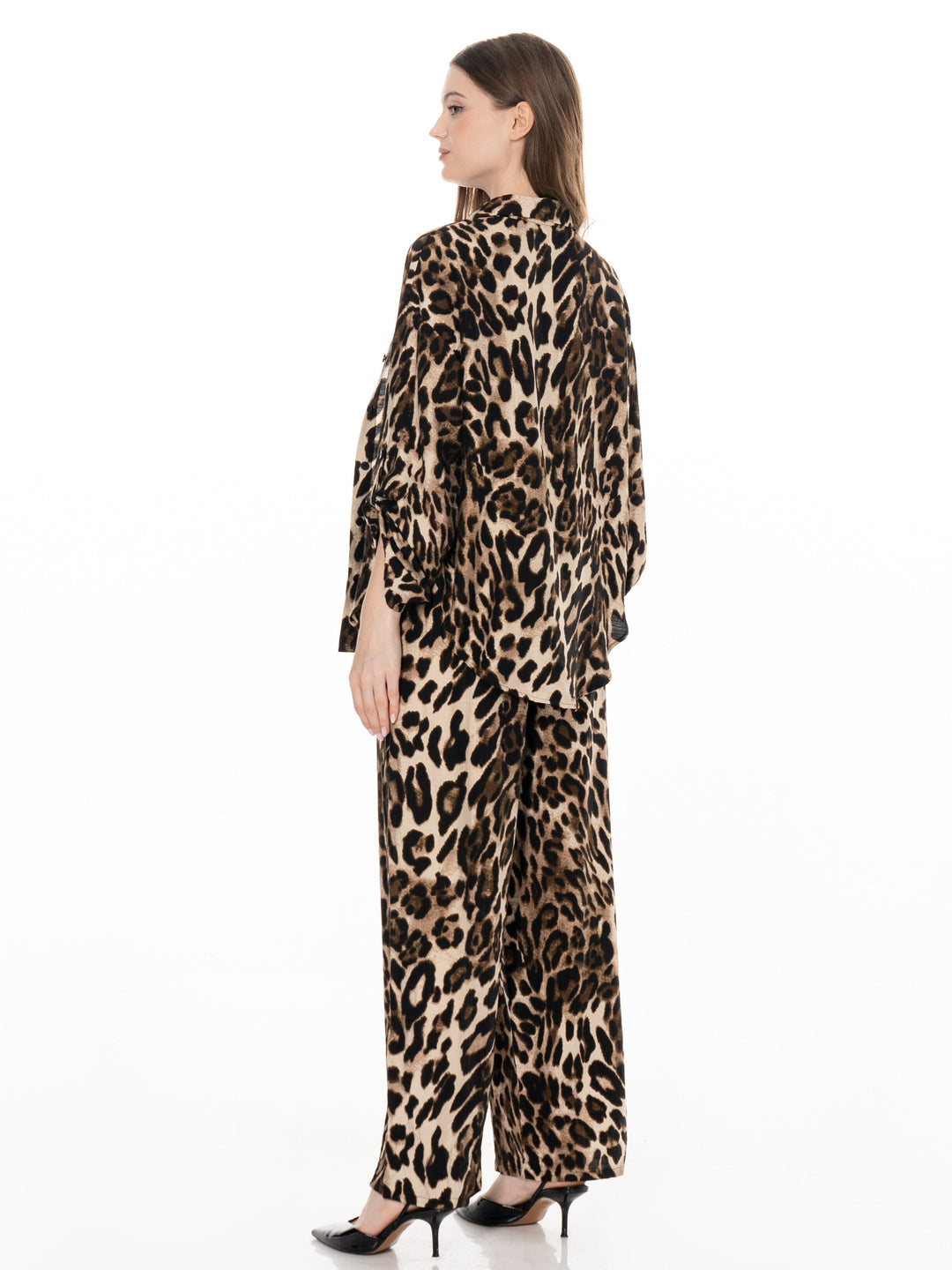 WOMEN'S 3/4 SLEEVE BUTTON UP BLOUSE & ELASTIC WAIST WIDE LEG PANTS ANIMAL PRINT 2PC. SET