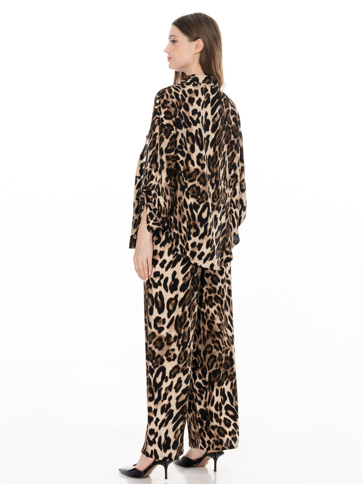 WOMEN'S 3/4 SLEEVE BUTTON UP BLOUSE & ELASTIC WAIST WIDE LEG PANTS ANIMAL PRINT 2PC. SET