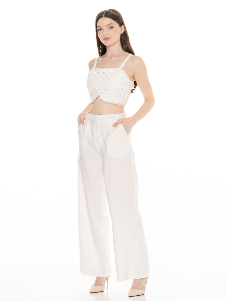 ******WOMEN'S SLEEVELESS SMOCK CROP TOP & ELASTIC WAIST PANTS DETAILED 2PC. SET