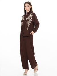 WOMEN'S LONG SLEEVE BUTTON UP BLOUSE & ELASTIC WAIST WIDE LEG PANTS EMBROIDERY DETAILED 2PC. SET