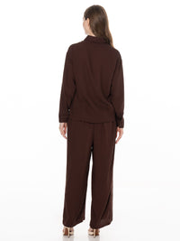 WOMEN'S LONG SLEEVE BUTTON UP BLOUSE & ELASTIC WAIST WIDE LEG PANTS EMBROIDERY DETAILED 2PC. SET