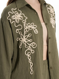 WOMEN'S LONG SLEEVE BUTTON UP BLOUSE & ELASTIC WAIST WIDE LEG PANTS EMBROIDERY DETAILED 2PC. SET