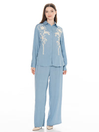 WOMEN'S LONG SLEEVE BUTTON UP BLOUSE & ELASTIC WAIST WIDE LEG PANTS EMBROIDERY DETAILED 2PC. SET