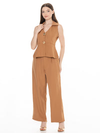 WOMEN'S SLEEVELESS BUTTON UP BLOUSE & BUTTON CLOSURE WIDE LEG PANTS 2PC. SET