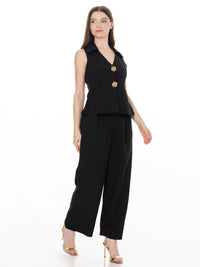 WOMEN'S SLEEVELESS BUTTON UP BLOUSE & BUTTON CLOSURE WIDE LEG PANTS 2PC. SET