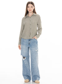 ******PLUS SIZE LONG SLEEVE BUTTON UP STRIPES SHIRT