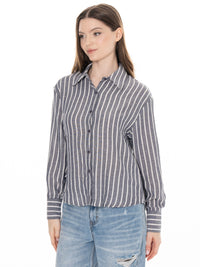 WOMEN'S LONG SLEEVE BUTTON UP STRIPES SHIRT