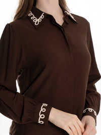 WOMEN'S LONG SLEEVE BUTTON UP EMBROIDERY TRIM DETAILED BLOUSE