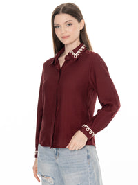 WOMEN'S LONG SLEEVE BUTTON UP EMBROIDERY TRIM DETAILED BLOUSE