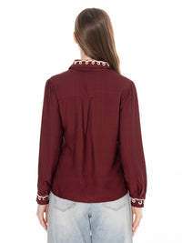 *****PLUS SIZE LONG SLEEVE BUTTON UP EMBROIDERY TRIM DETAILED BLOUSE