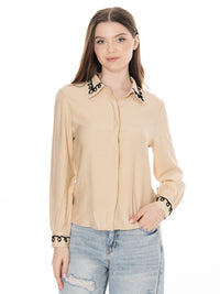 WOMEN'S LONG SLEEVE BUTTON UP EMBROIDERY TRIM DETAILED BLOUSE