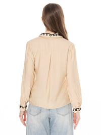 *****PLUS SIZE LONG SLEEVE BUTTON UP EMBROIDERY TRIM DETAILED BLOUSE